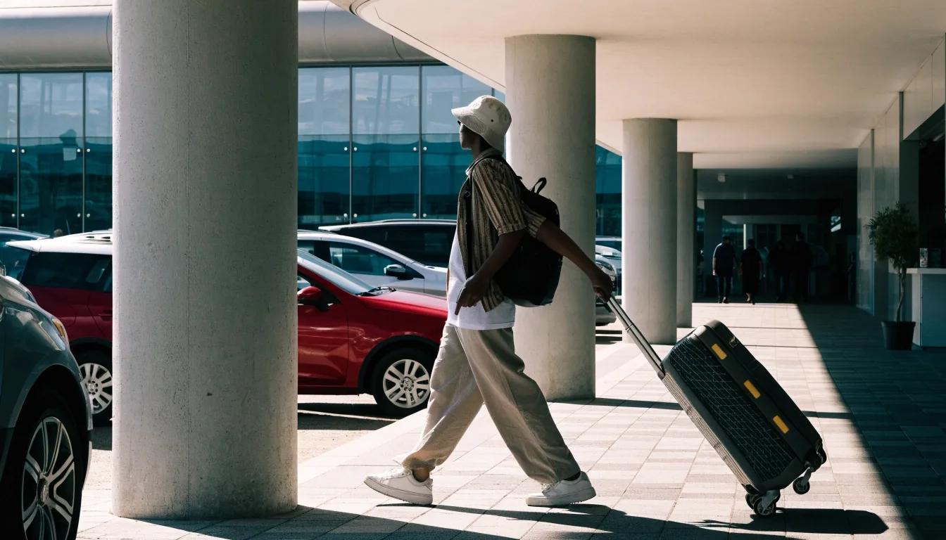 Hands loading a suitcase into a car boot in an airport car park