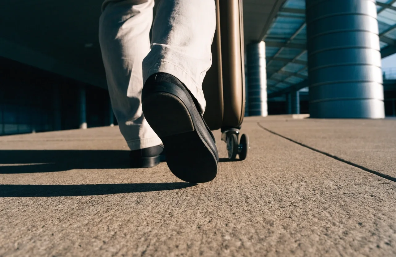 Suitcase wheels rolling over concrete near the terminal