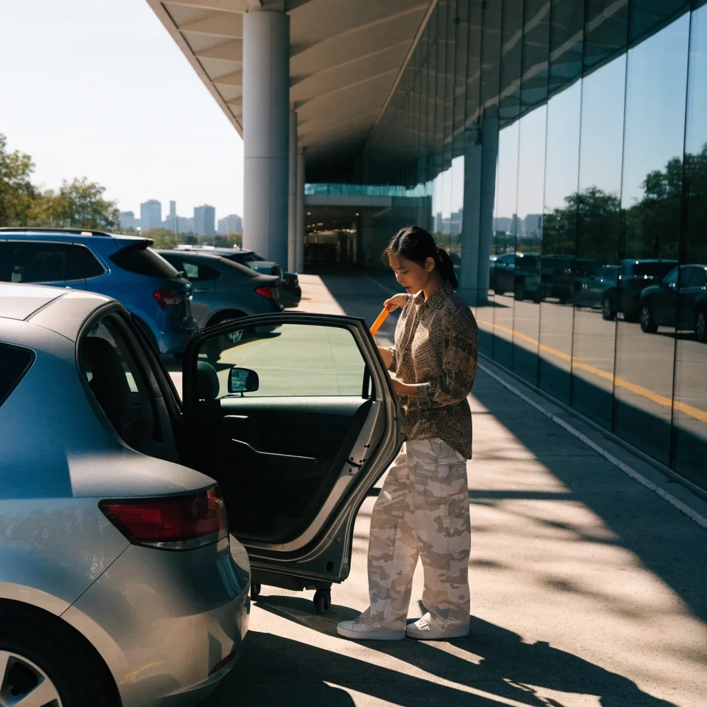 Traveller walking the covered walkway toward Sydney Airport terminal with a rolling case