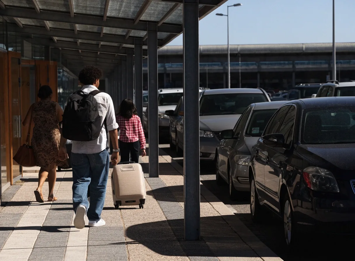 Covered walkway toward a Sydney Airport terminal entrance