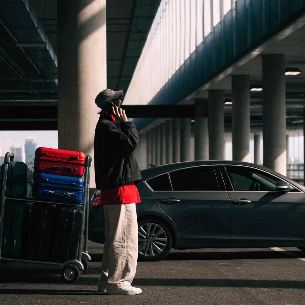 Traveller loading luggage into a car boot in an airport parking deck