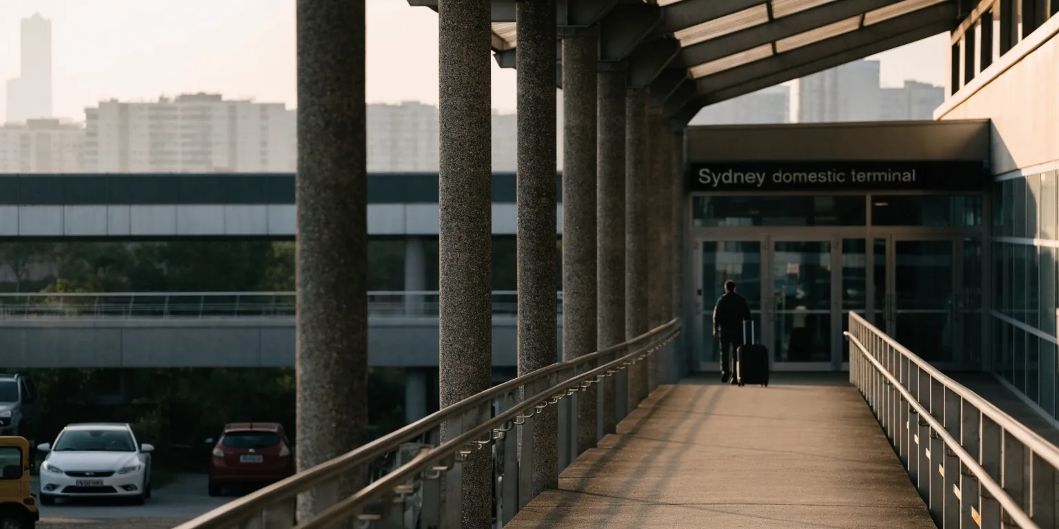 Domestic terminal forecourt at Sydney Airport in late afternoon haze