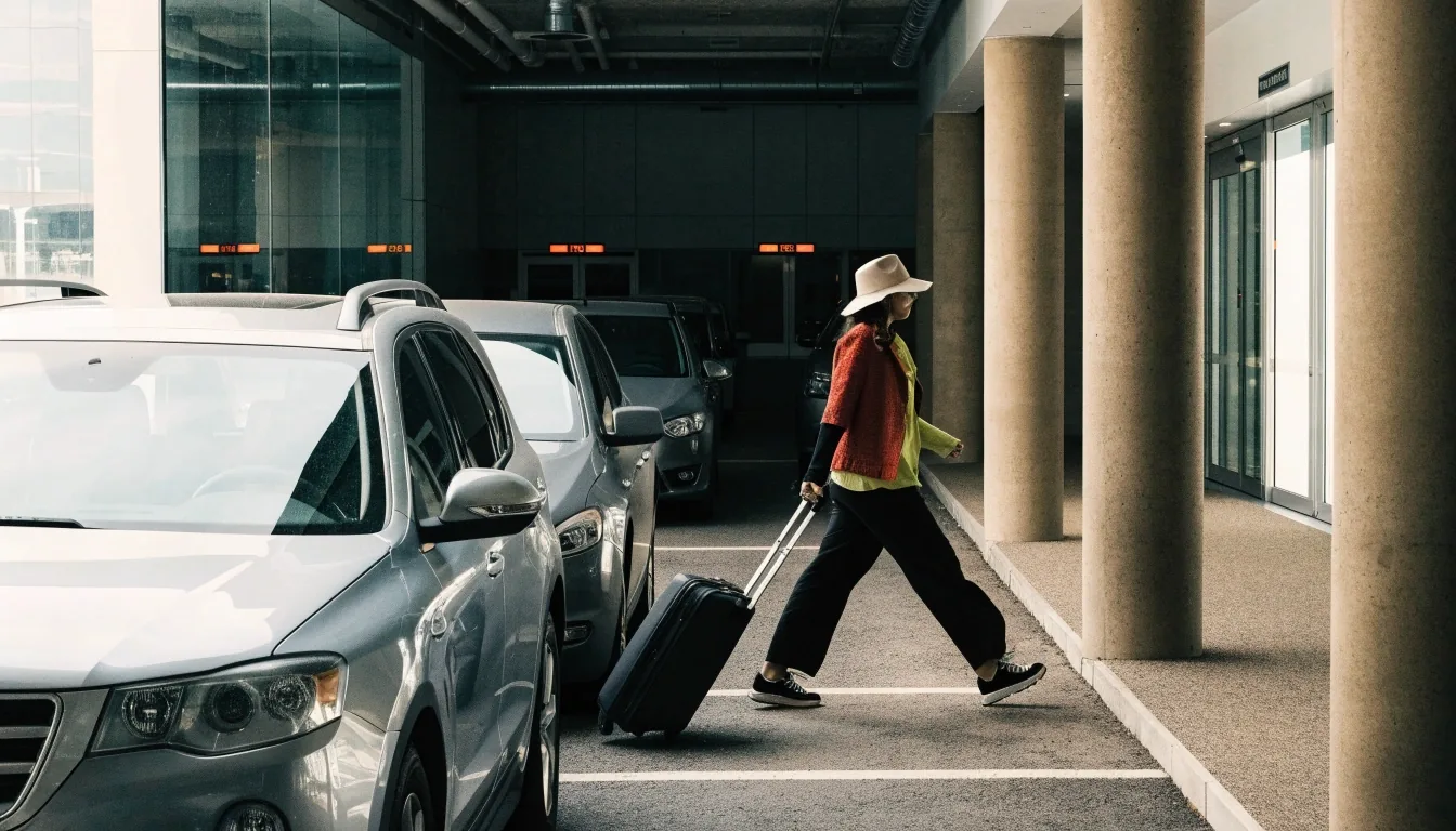 Hands loading suitcase into car boot in car park