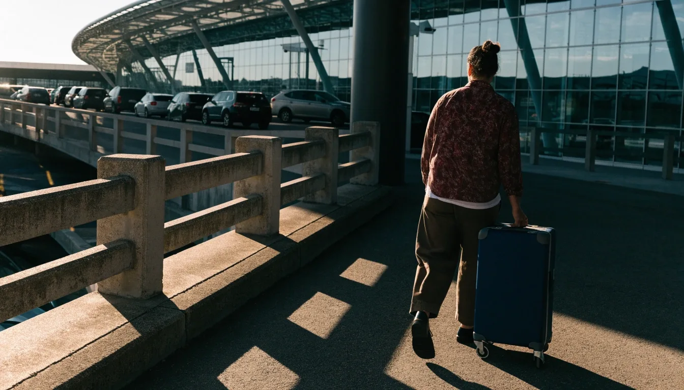 Traveller walking with suitcase along covered walkway to terminal