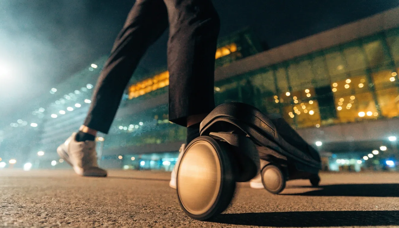 Suitcase wheels on concrete outside the international terminal at night