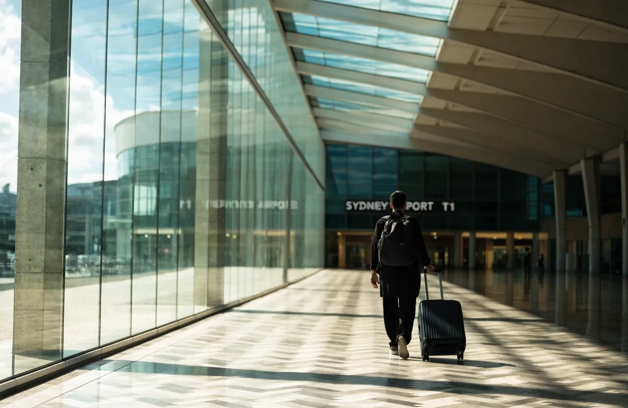 Traveller with suitcase walking toward Sydney Airport international terminal
