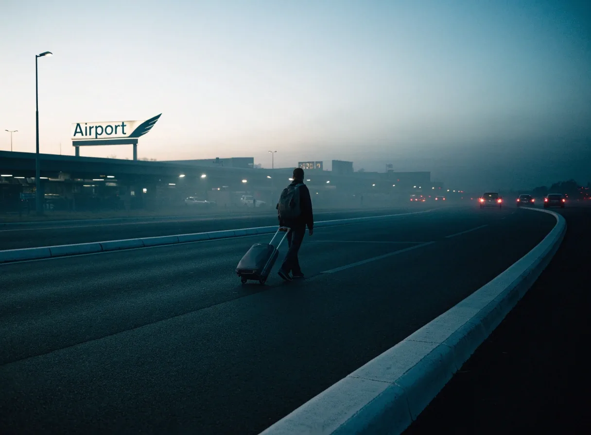 Quiet kerbside at Sydney Airport arrivals court at dusk