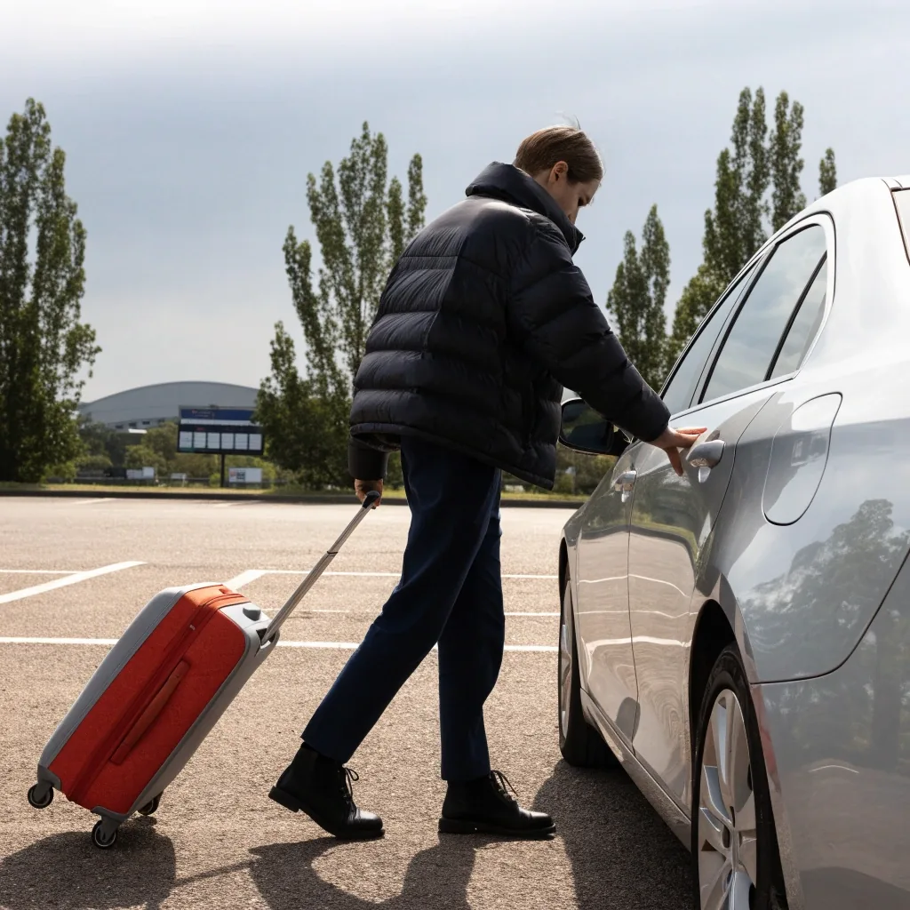 Traveller loading luggage into a car boot in an airport car park