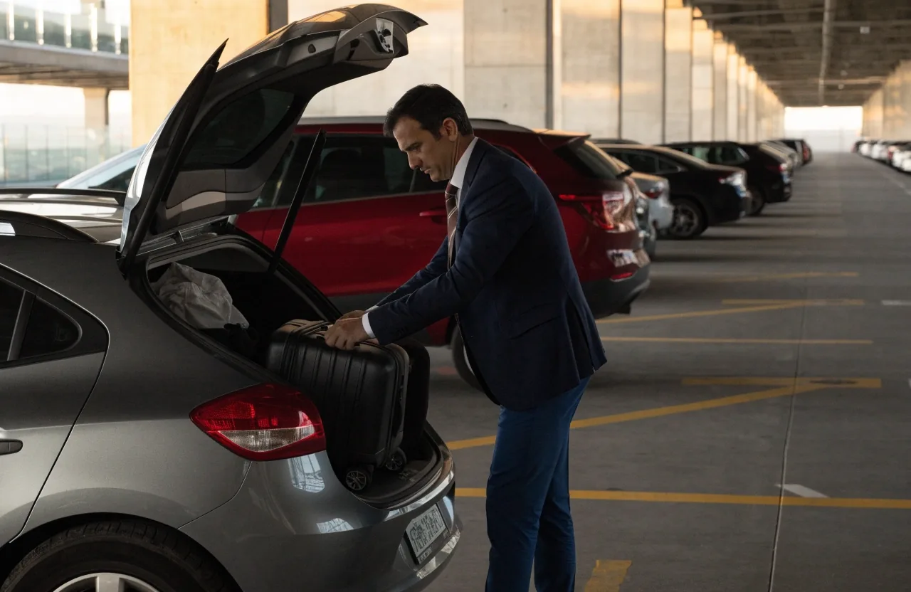 Business traveller loading luggage into a car boot in business parking