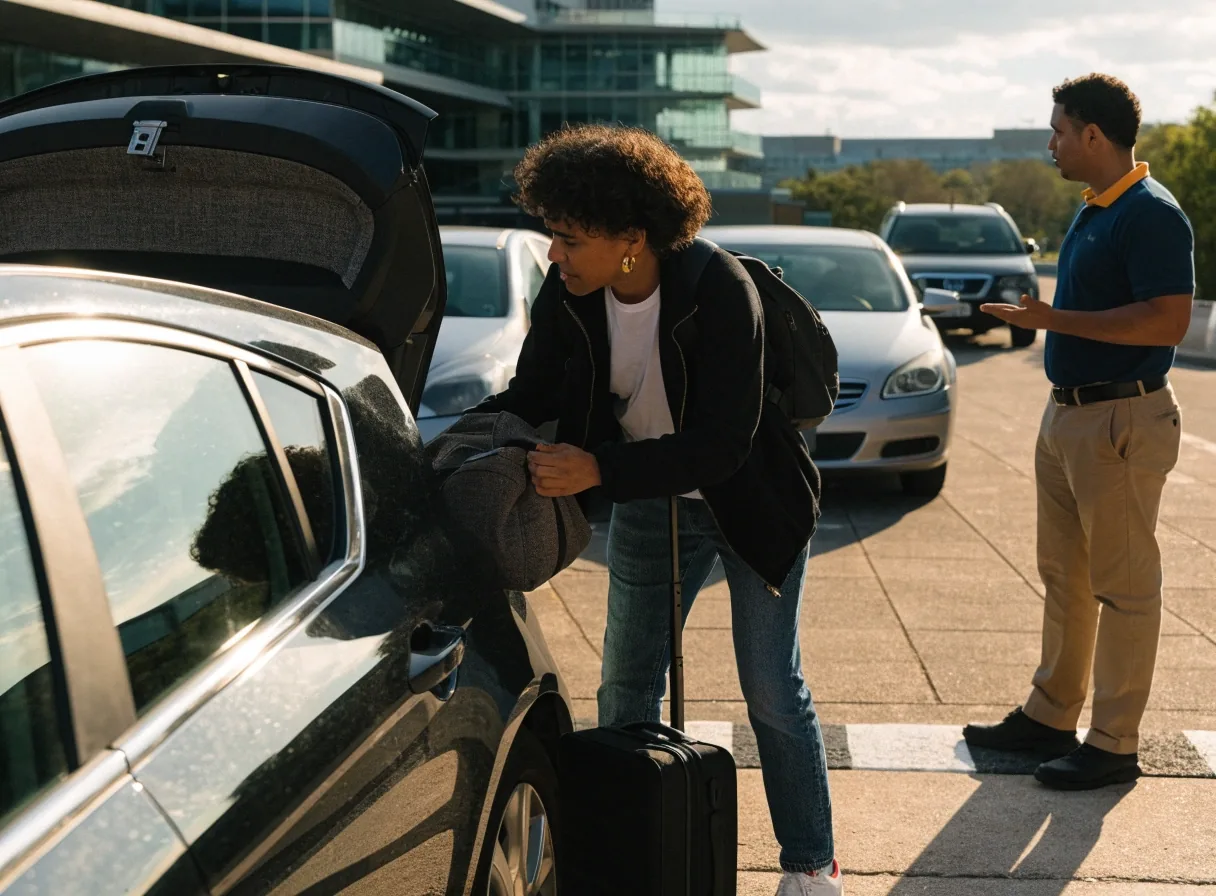 Hands loading a suitcase into a car boot at the airport car park