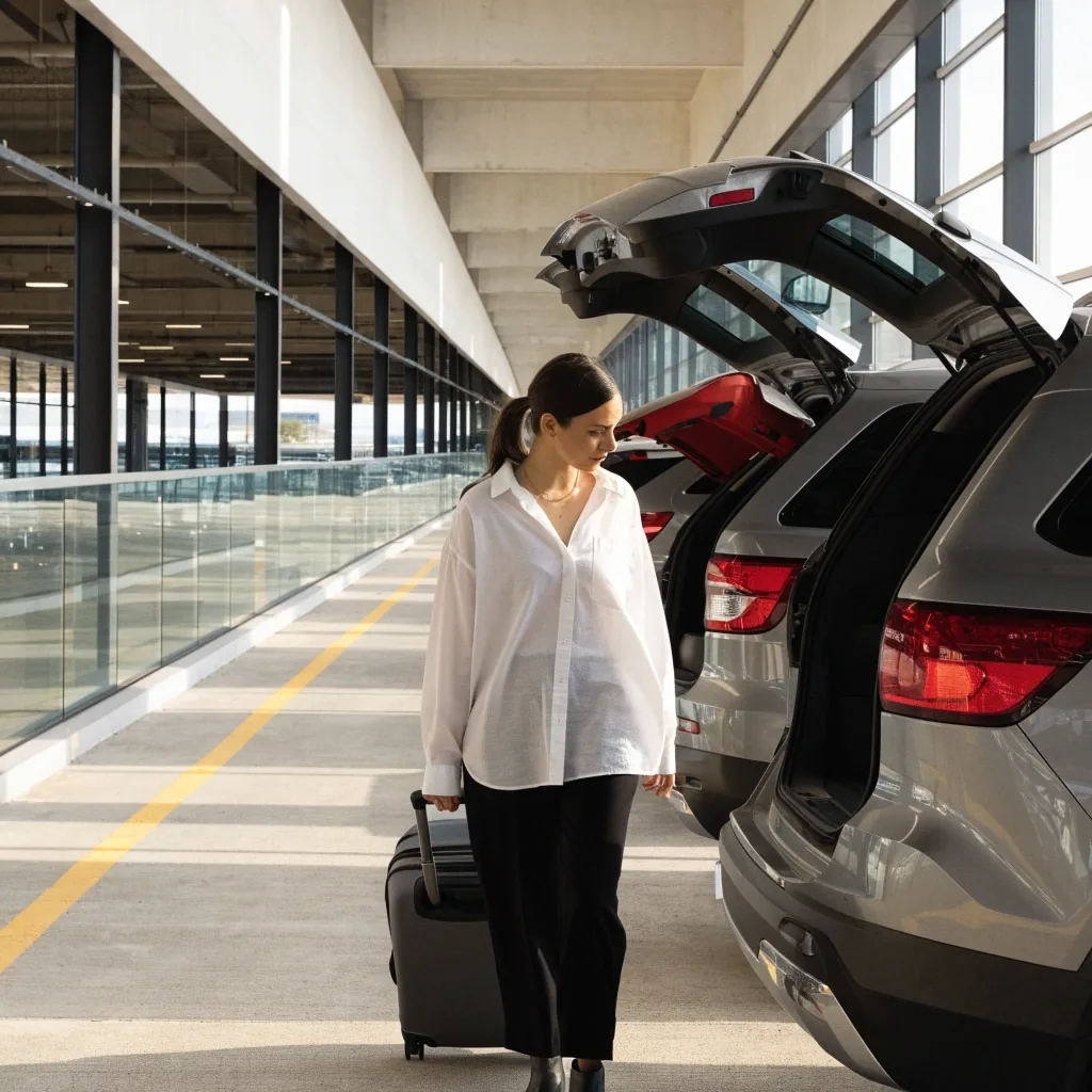 Traveller beside a car in a wide accessible parking bay