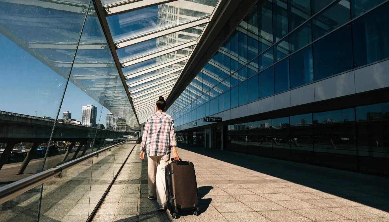 Traveller with luggage walking along a covered walkway toward the terminal