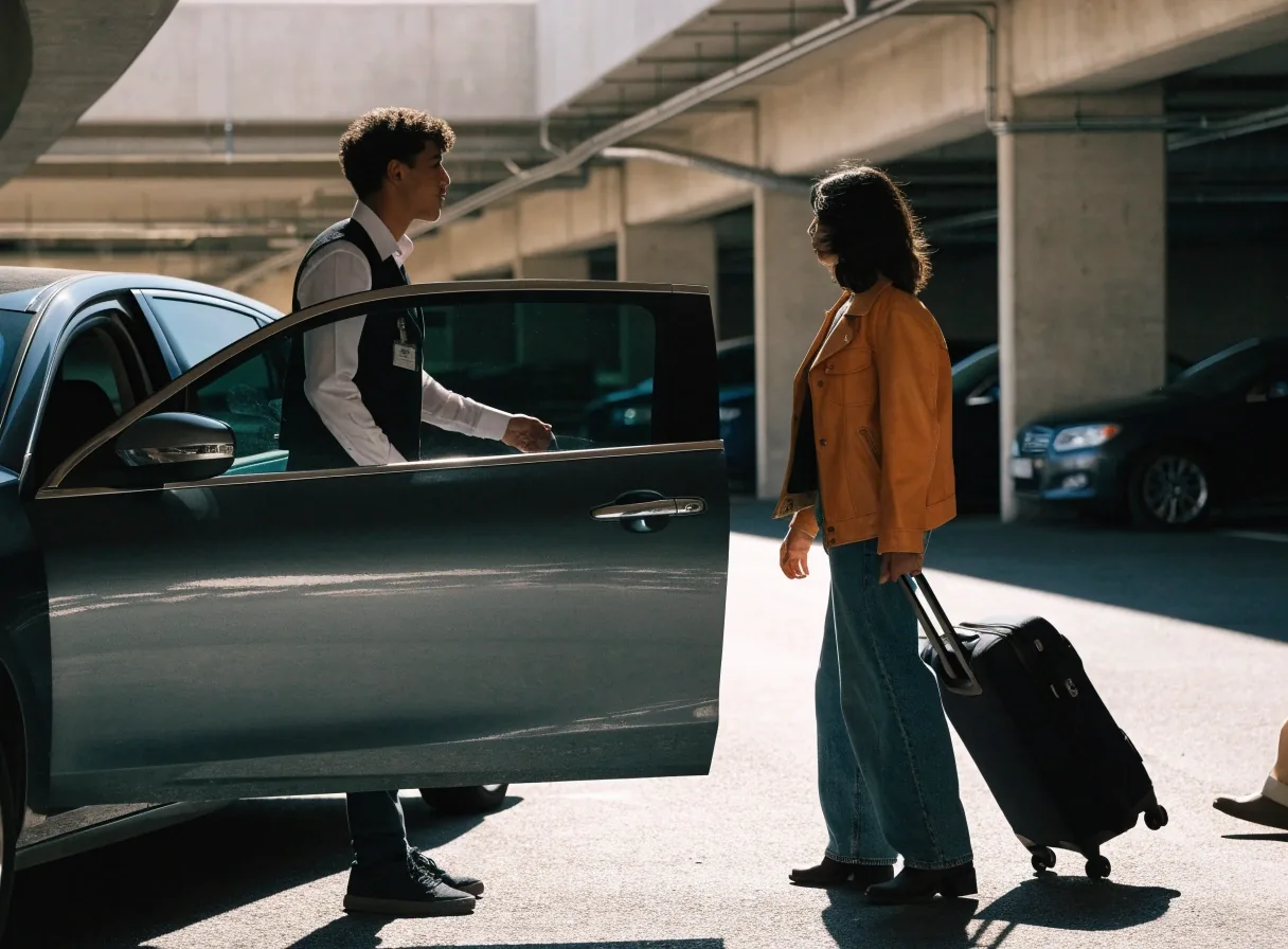Traveller walking under a concrete parking ramp with cars beyond